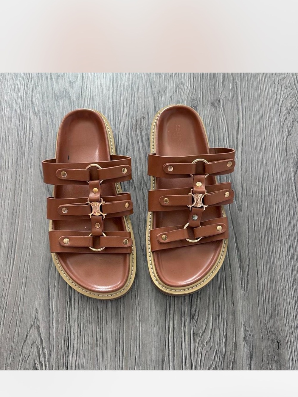 Celine Tan Triple-Strap Leather Slide Sandals with Gold Hardware